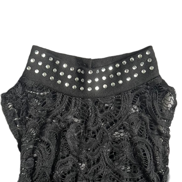 NWOT CHICME BLACK LONG SLEEVE MOCKNECK BLOUSE W/ BLING, LACE AND COLD SHOULDERS - Picture 4 of 8